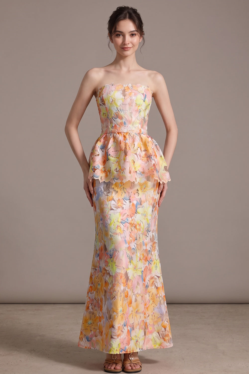 c396e5ffa82c6324 YELLOW LACE COLUMN GOWN WITH PEPLUM WEDDING