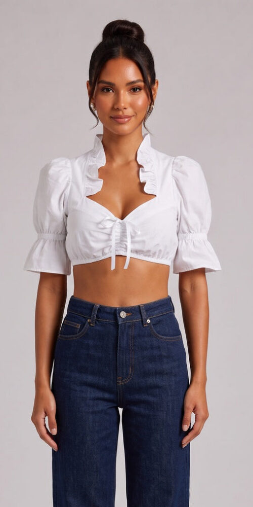c3bac699d9405de7 WHITE COTTON PUFF-SLEEVE CROPPED DIRNDL BLOUSE