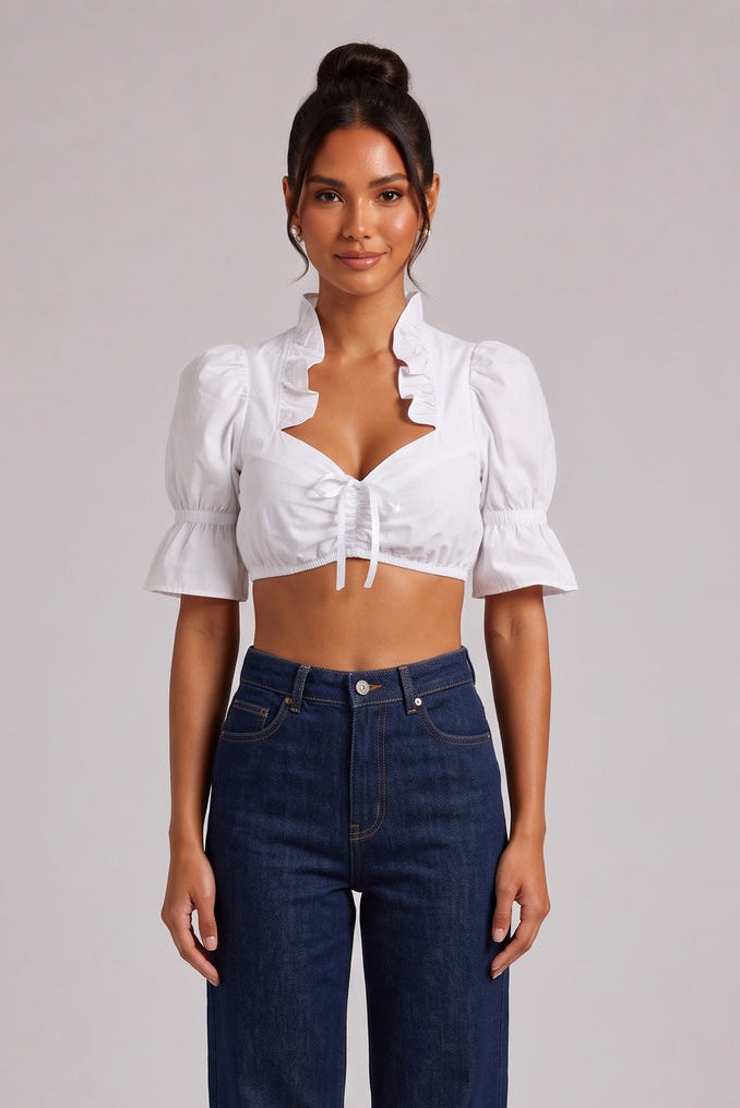 c3bac699d9405de7 WHITE COTTON PUFF-SLEEVE CROPPED DIRNDL BLOUSE