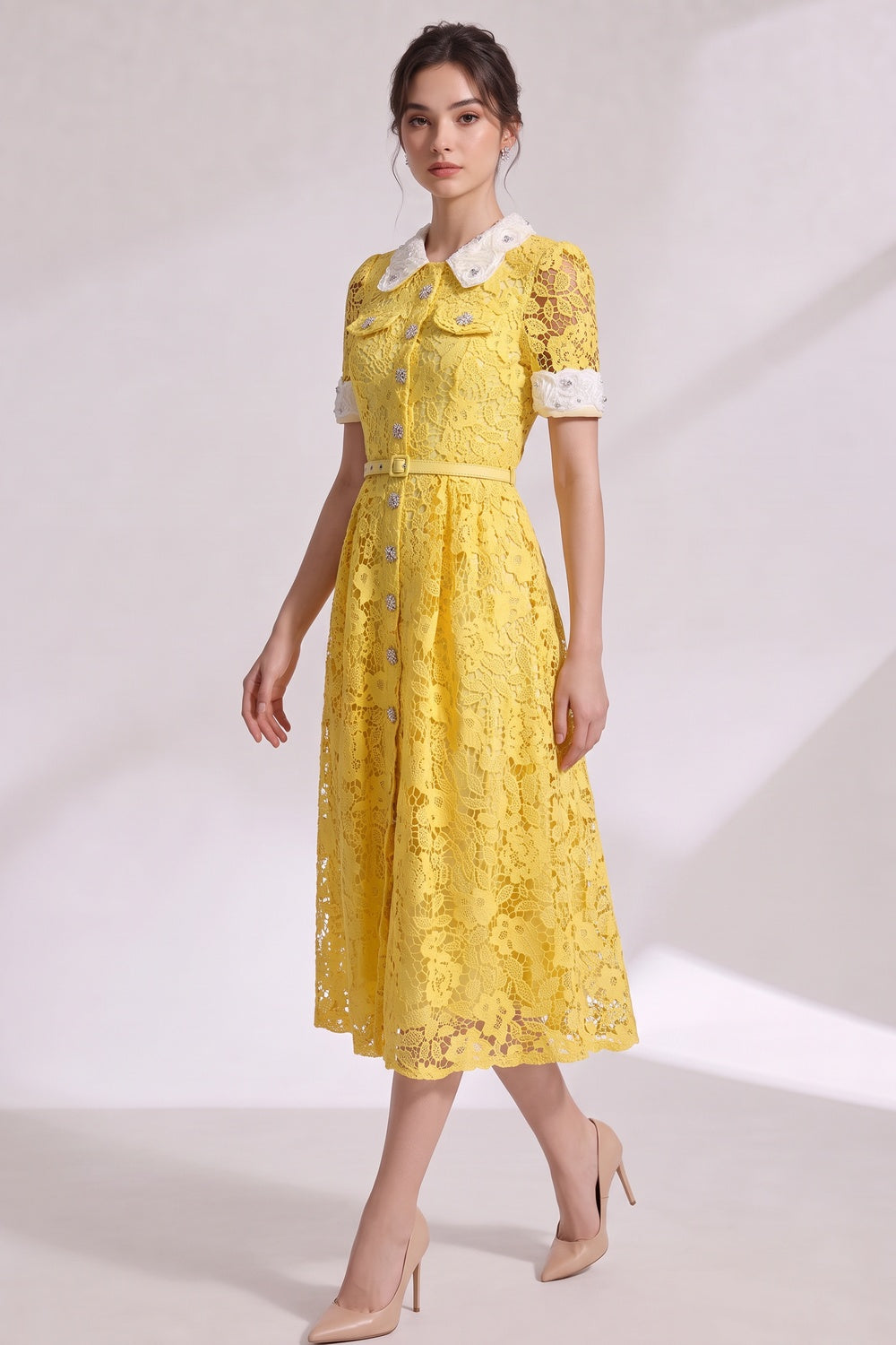 c42fbfc8d7515682 YELLOW LACE A-LINE MIDI DRESS FOR WEDDING GUEST