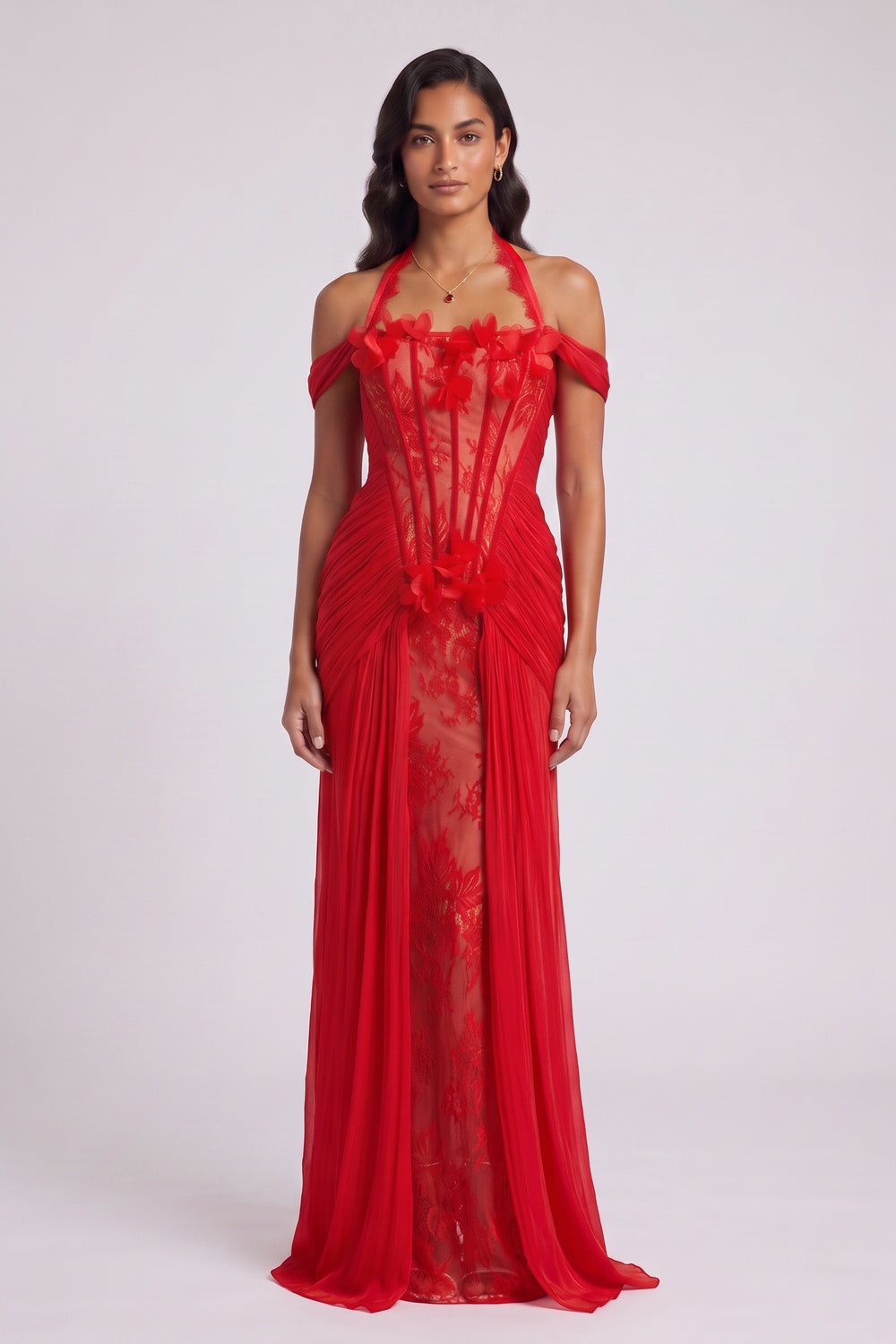 c466acc3e2ddf587 RED FLORAL HALTER GOWN, FLOOR-LENGTH FORMAL