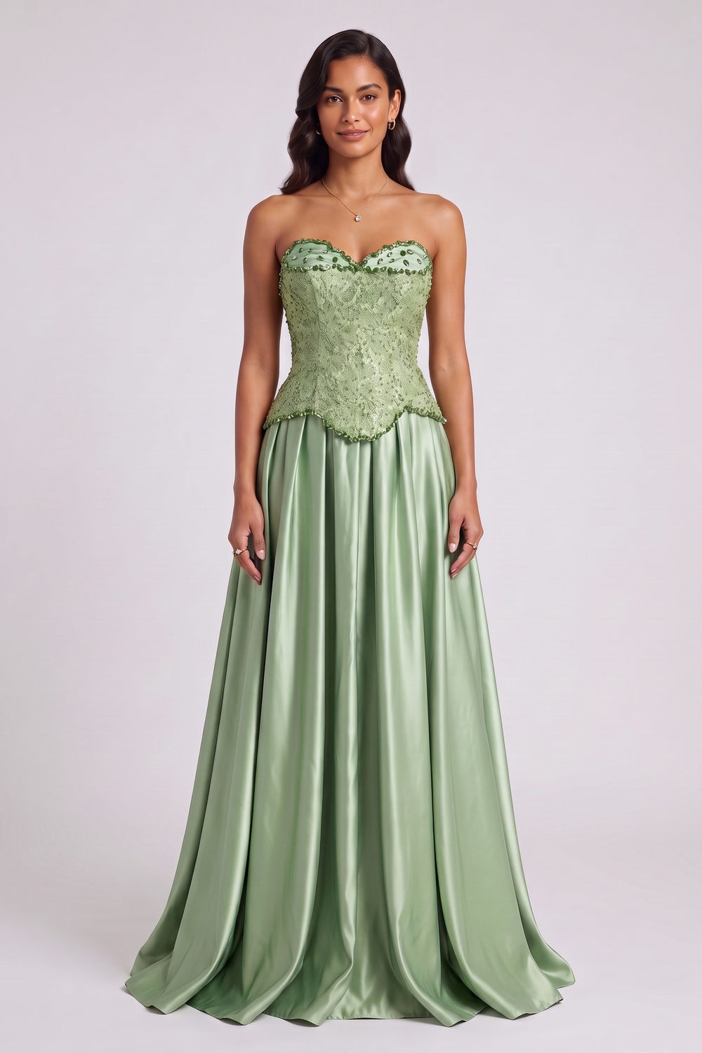 c495baffecbc45eb SAGE GREEN STRAPLESS EMBELLISHED GOWN, FLOOR-LENGTH FORMAL