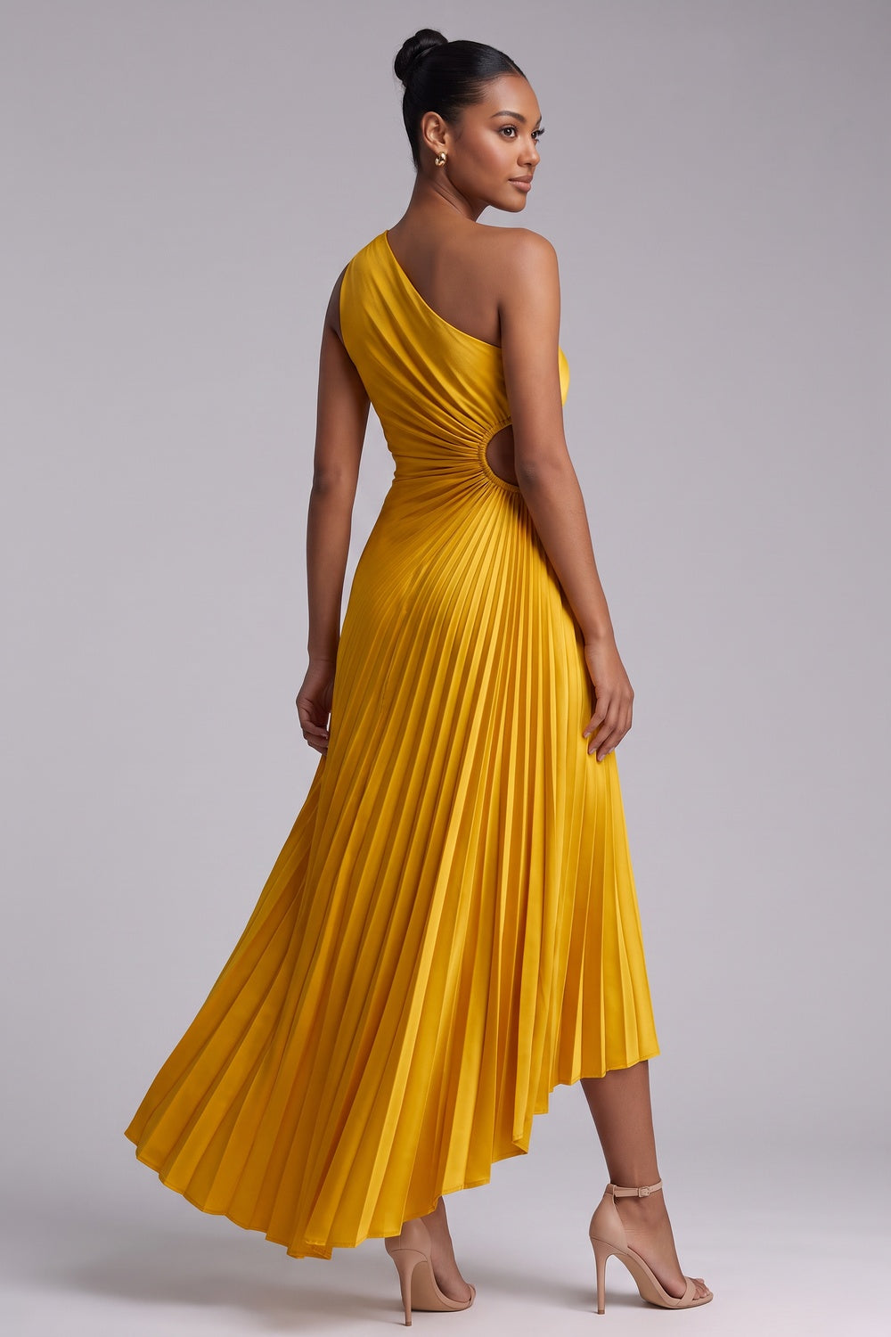 c5babc3df5afc2cf YELLOW ONE-SHOULDER PLEATED MIDI DRESS FOR WEDDING