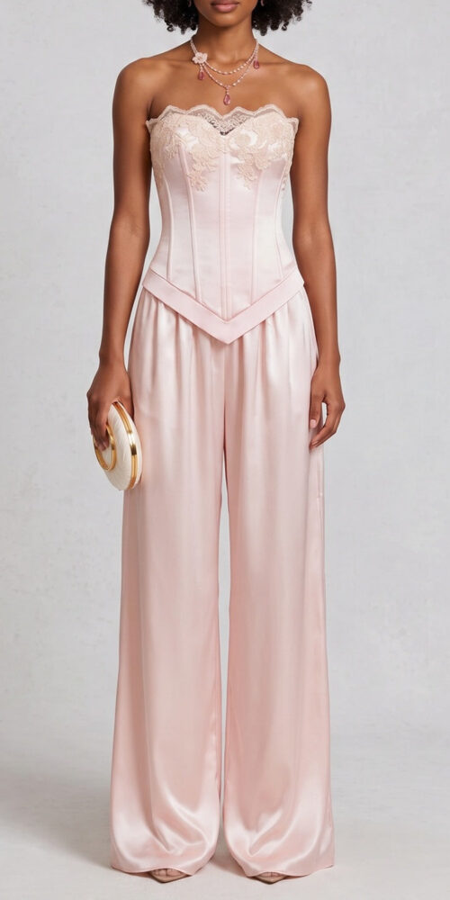 c5ced945c9e37b6d STRAPLESS LACE SATIN TOP & WIDE LEG PANT SET