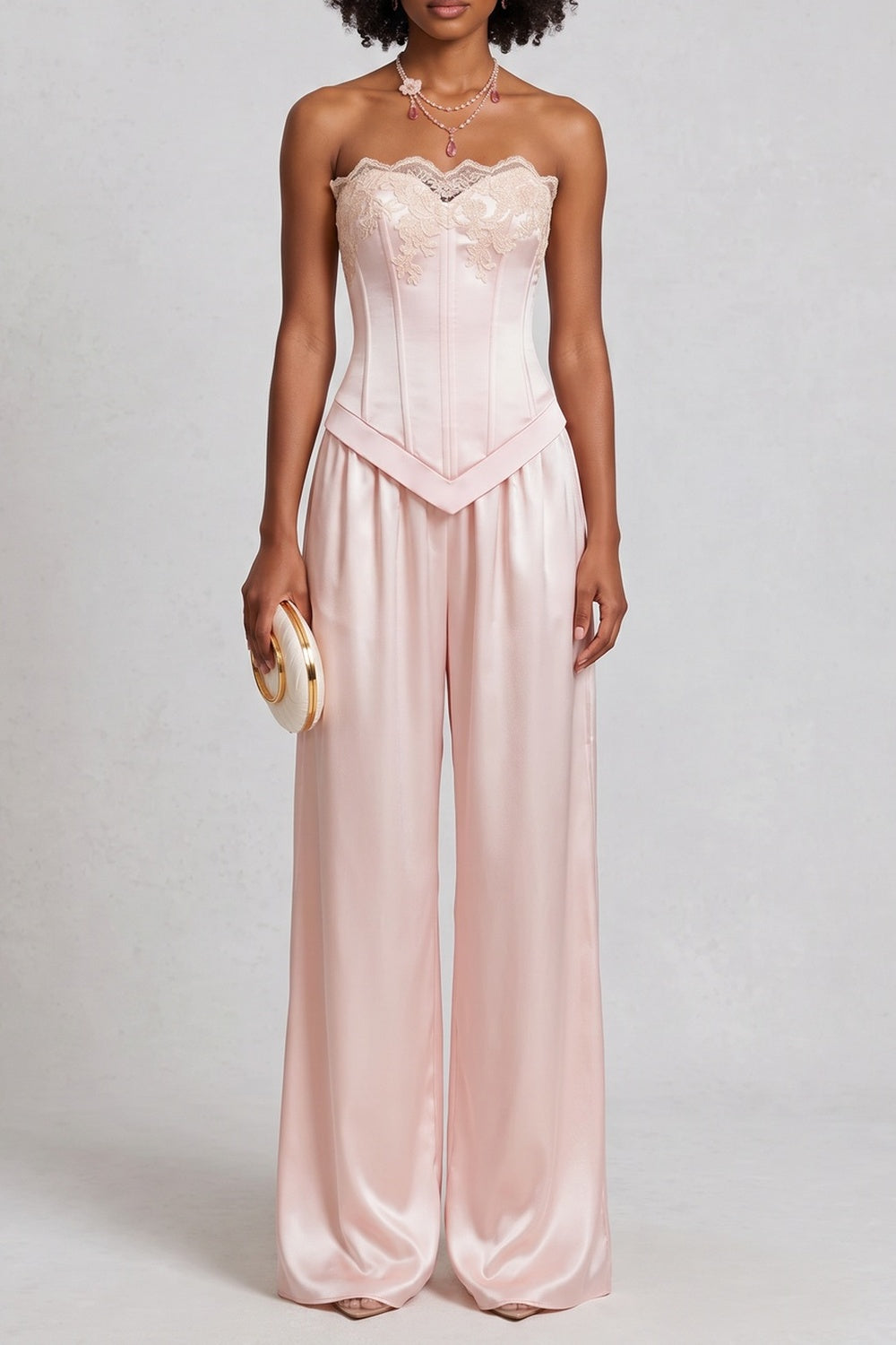 STRAPLESS LACE SATIN TOP & WIDE LEG PANT SET