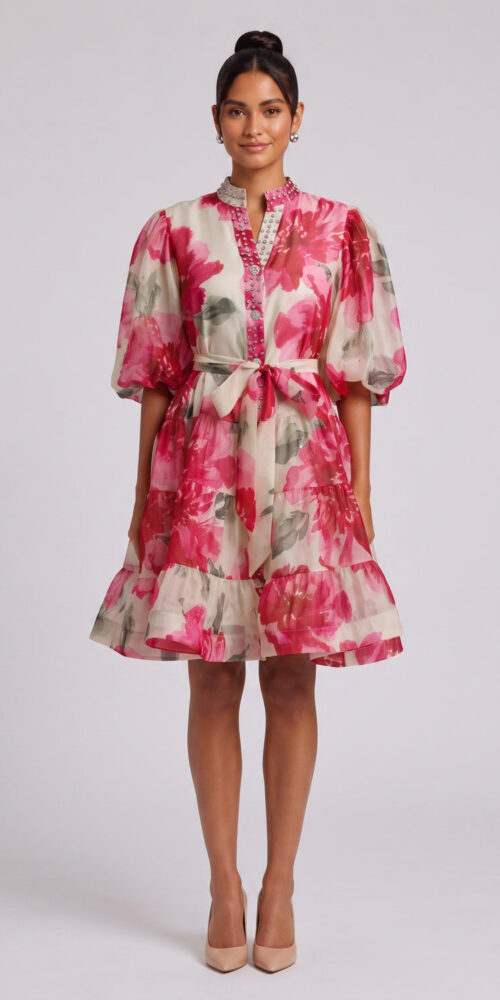 CREAM WATERCOLOR FLORAL A-LINE PUFF SLEEVE PARTY DRESS