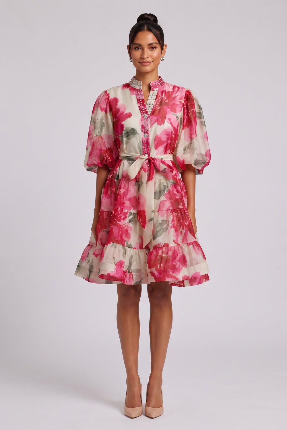 c5ddf87baeede812 CREAM WATERCOLOR FLORAL A-LINE PUFF SLEEVE PARTY DRESS