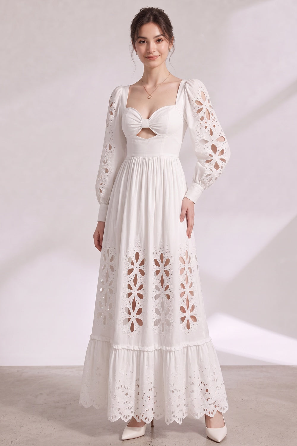WHITE EYElet A-LINE MAXI DRESS COTTON POPLIN