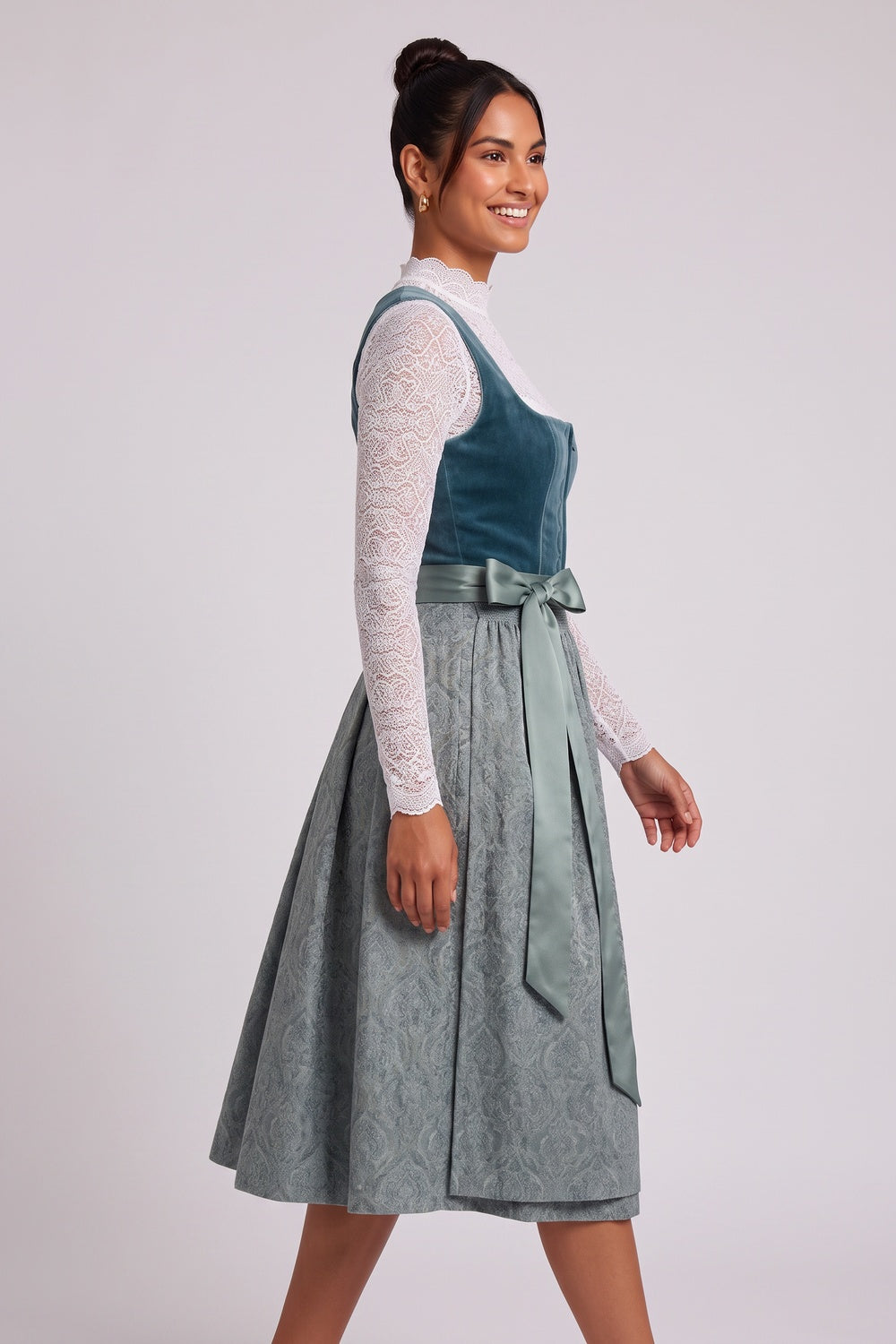 TEAL VELVET DIRNDL DRESS, FITTED BODICE A-LINE SKIRT, TRADITIONAL