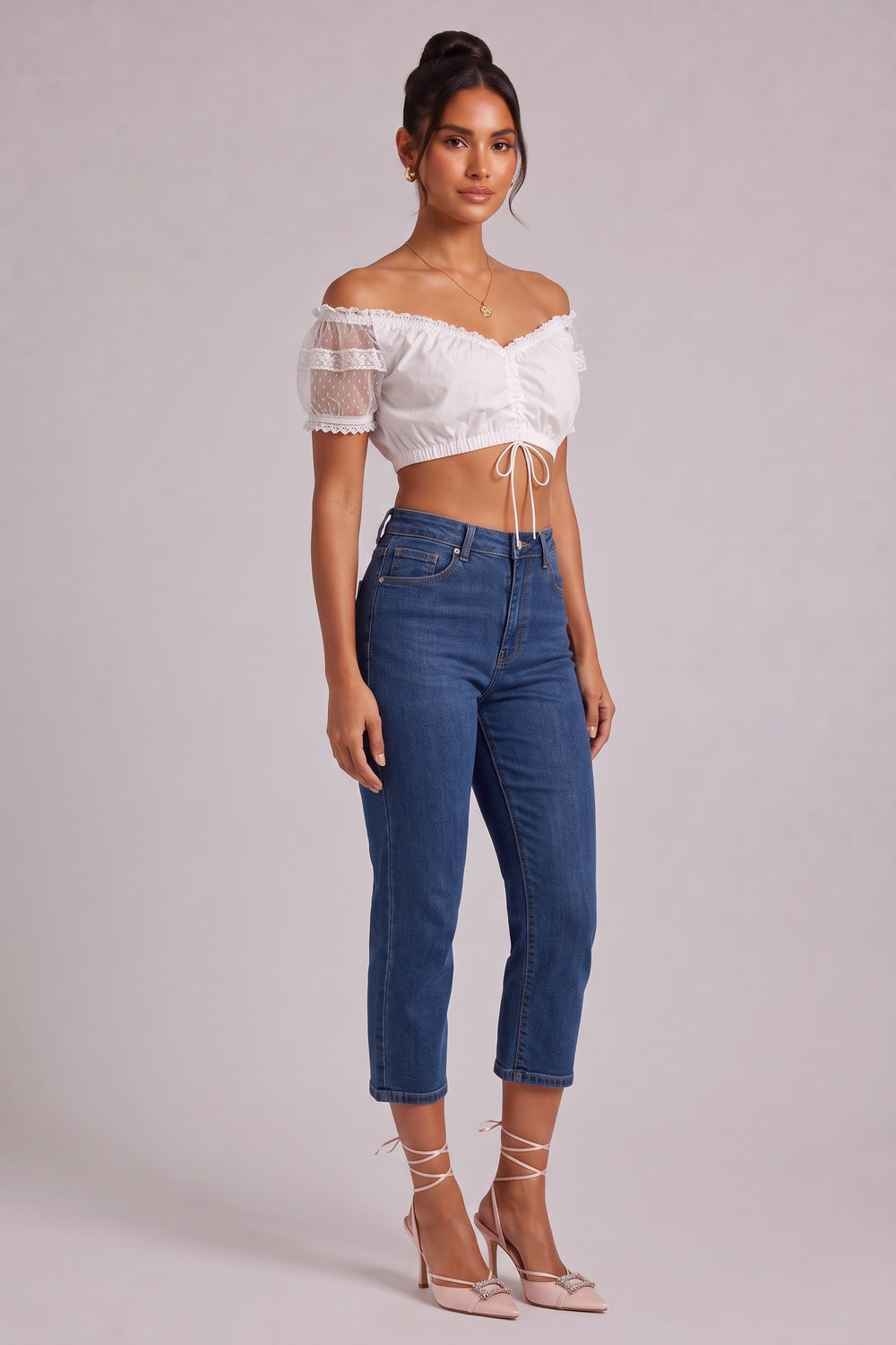 c62e6cde38c59ceb WHITE COTTON BLEND CROPPED BLOUSE WOVEN TOP