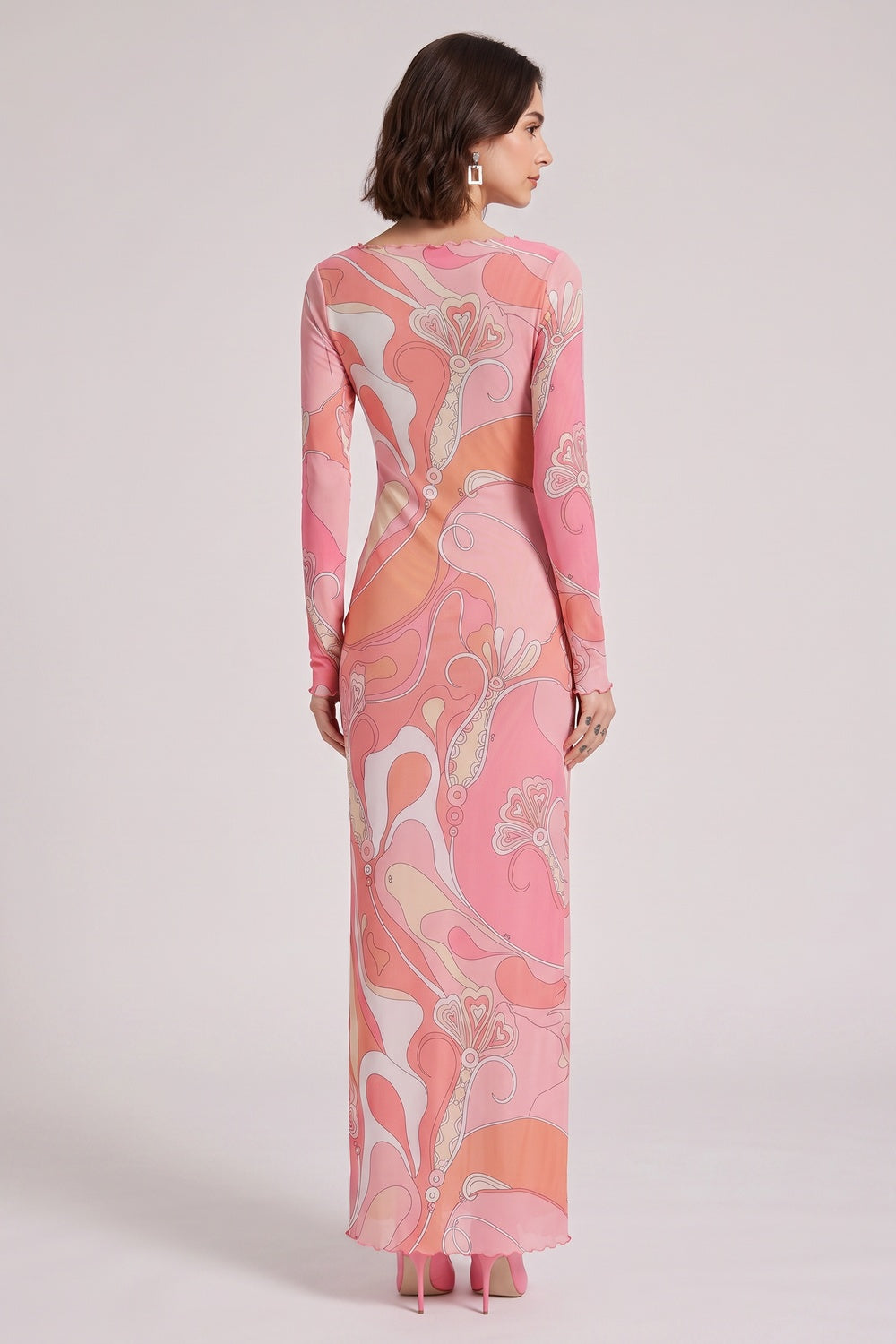 c6430d4d3f460183 PINK ABSTRACT RUFFLE TRIM LONG SLEEVE MAXI DRESS