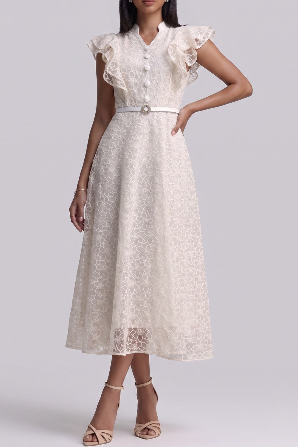 c6bbd00004e354c5 MANDARIN COLLAR LACE MIDI DRESS WITH RUFFLE SLEEVE & BELT