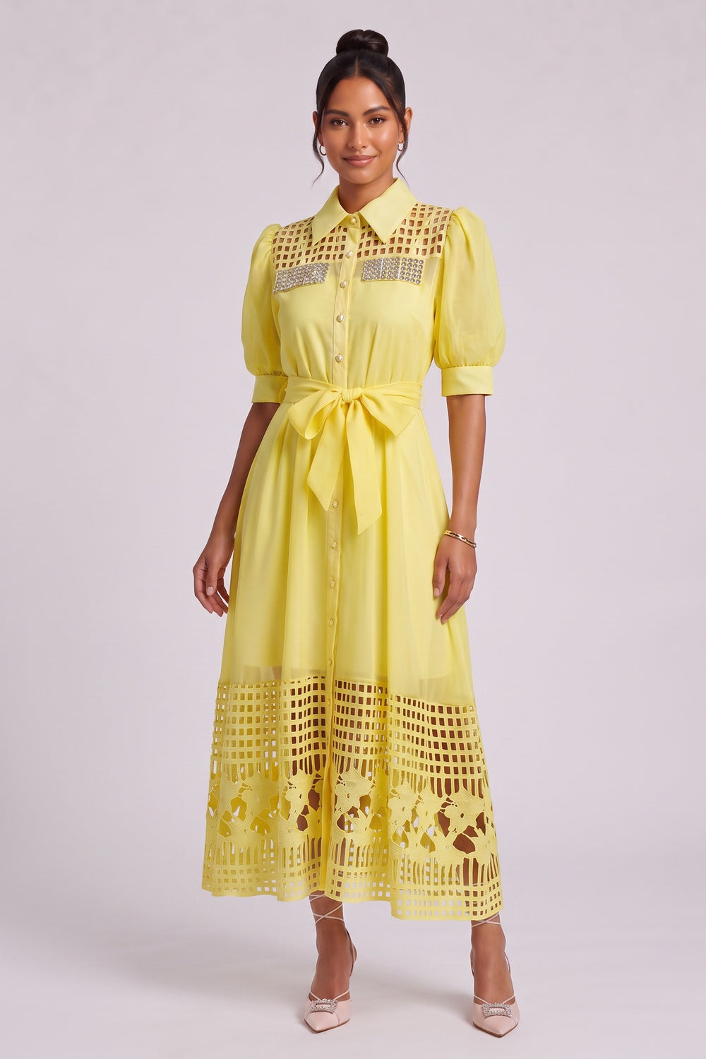 YELLOW CUTOUT MIDI DRESS WITH CRYSTALS FOR PARTY