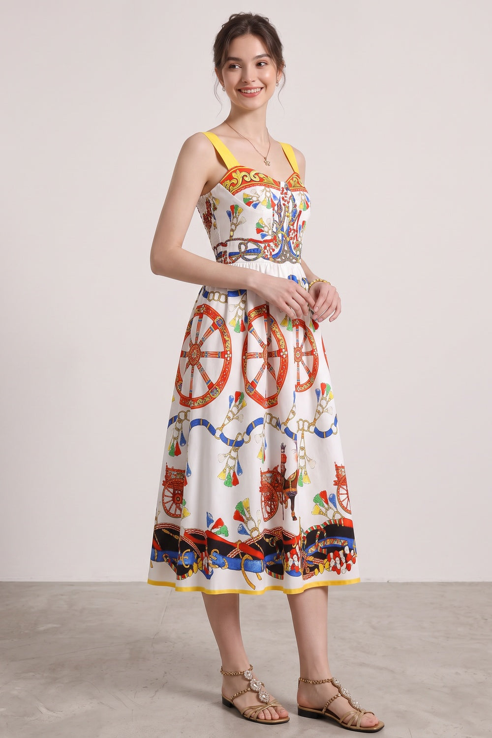 c73d8cfb69c0318e WHITE CARRETTO PRINT FIT-AND-FLARE MIDI DRESS