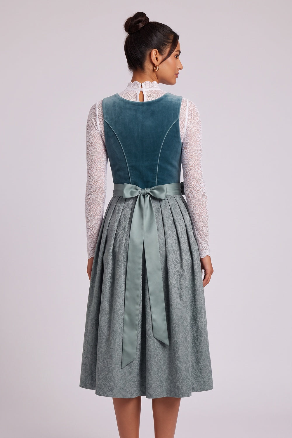 TEAL VELVET DIRNDL DRESS, FITTED BODICE A-LINE SKIRT, TRADITIONAL