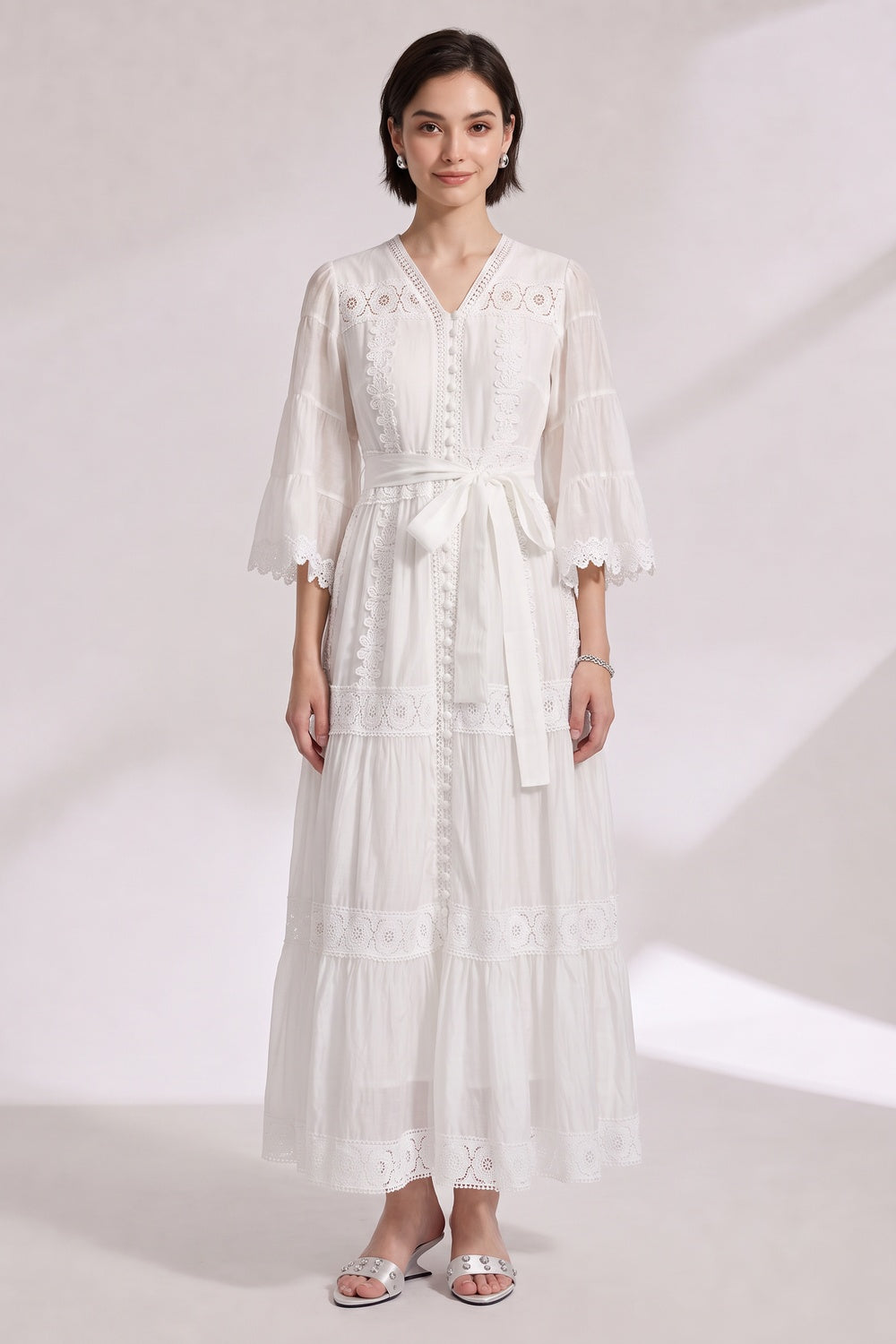 c787edb7d3084742 WHITE LACE TIERED A-LINE MAXI DRESS