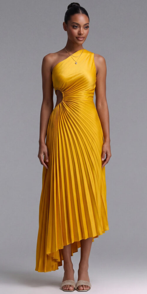 c7a7588e46134d9d YELLOW ONE-SHOULDER PLEATED MIDI DRESS FOR WEDDING