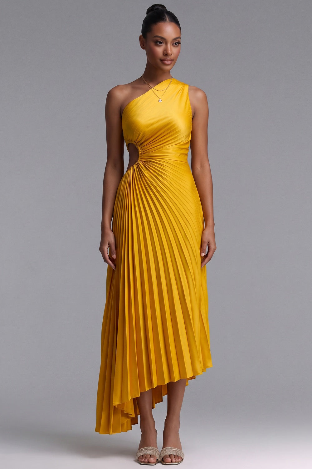 c7a7588e46134d9d YELLOW ONE-SHOULDER PLEATED MIDI DRESS FOR WEDDING