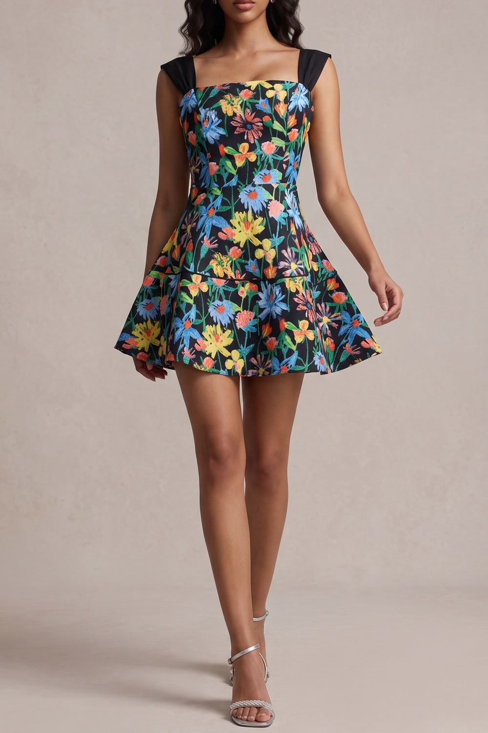 c7acc027a41f4d93 SQUARE NECK CAP SLEEVE FLORAL MINI DRESS