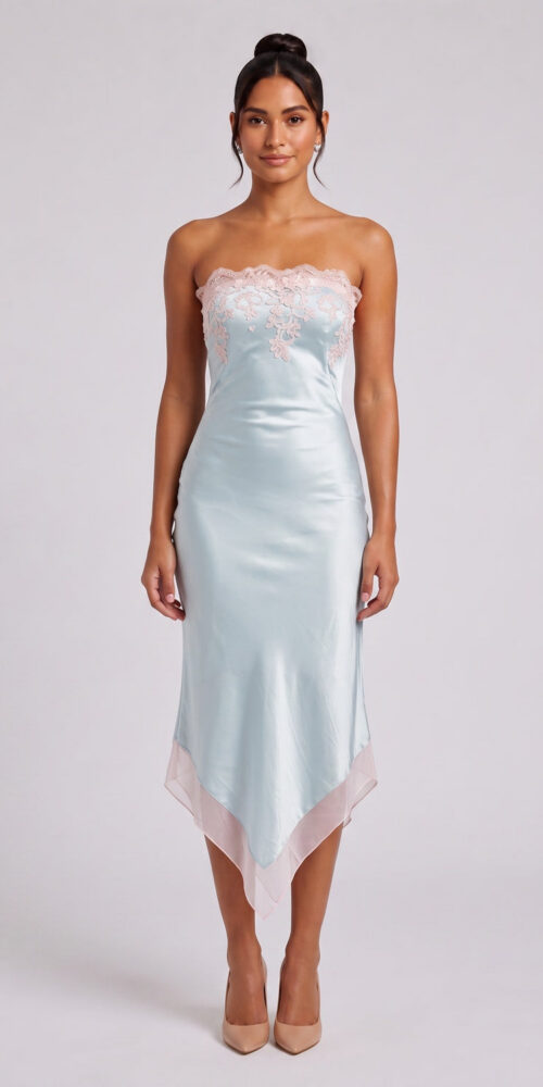 c7f8ce1691307f32 PALE BLUE SATIN SHEATH DRESS PINK LACE TRIM COCKTAIL