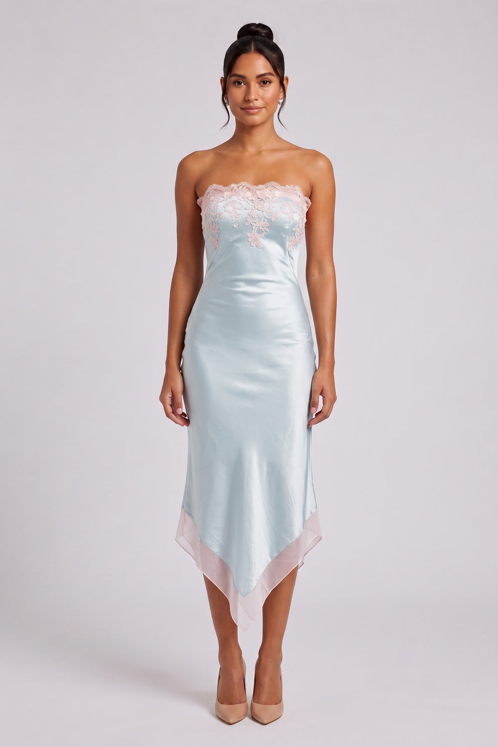 c7f8ce1691307f32 PALE BLUE SATIN SHEATH DRESS PINK LACE TRIM COCKTAIL