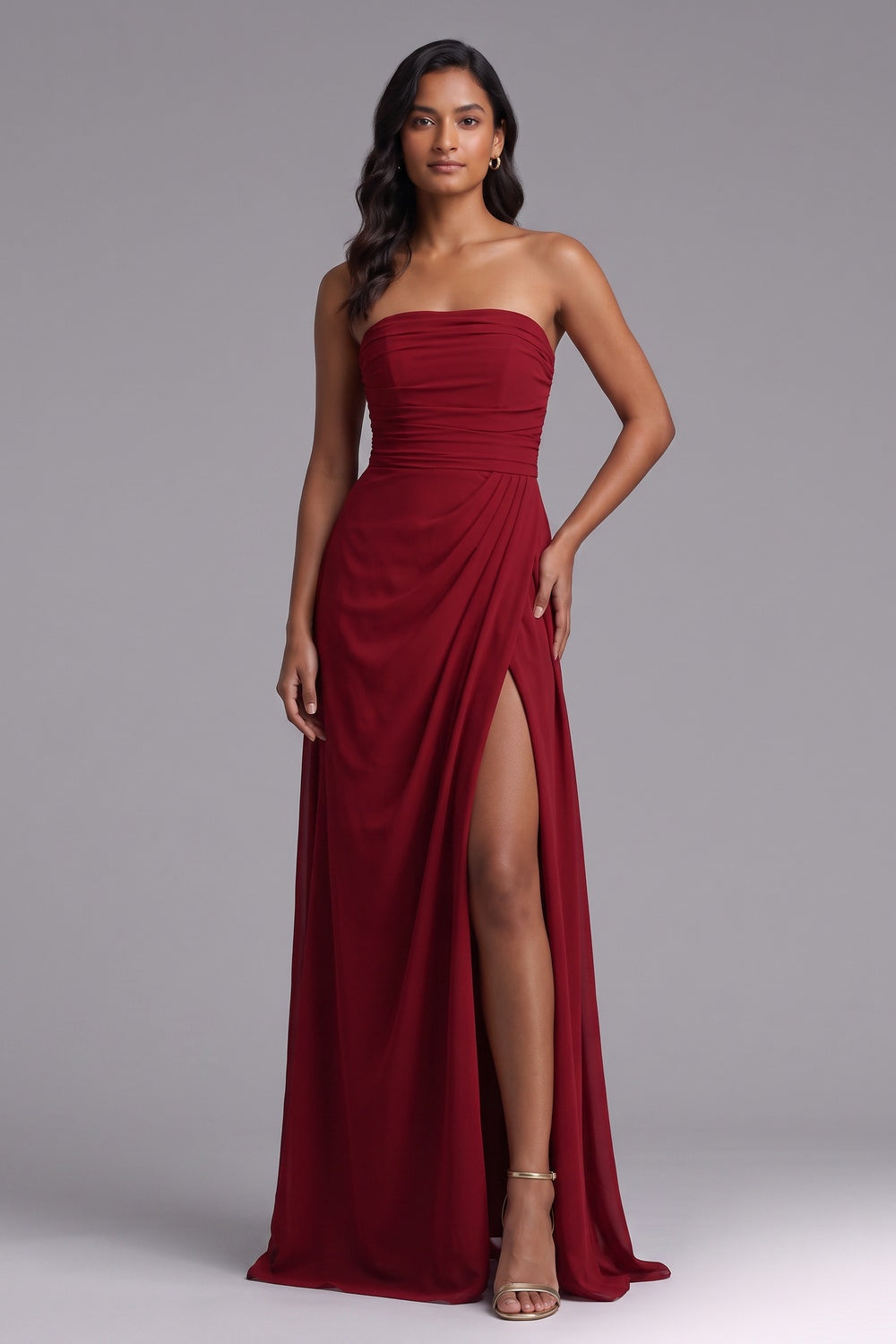 c8155fb3faa5ca15 DEEP RED DRAPED COLUMN GOWN HIGH SLIT EVENING