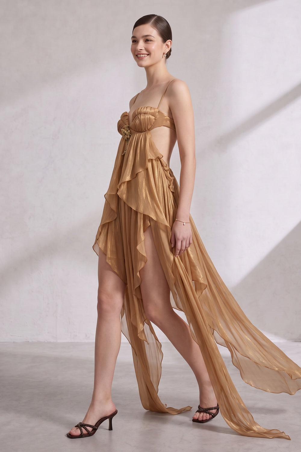 c828b725147a730a GOLD SHEER CHIFFON ASYMMETRICAL HIGH-LOW DRESS, OPEN BACK
