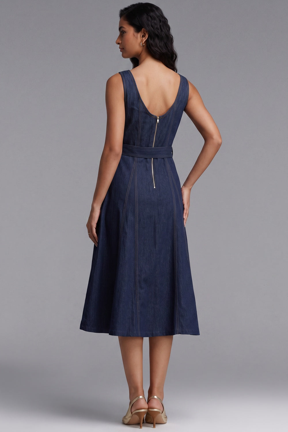 c84ee4e0d1df6950 DARK BLUE DENIM FIT-AND-FLARE MIDI DRESS FOR WEDDING GUEST