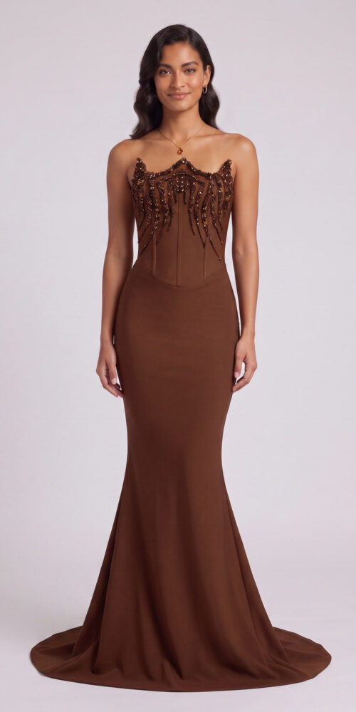 c868470965b8562a BROWN STRAPLESS BEADED MERMAID EVENING GOWN