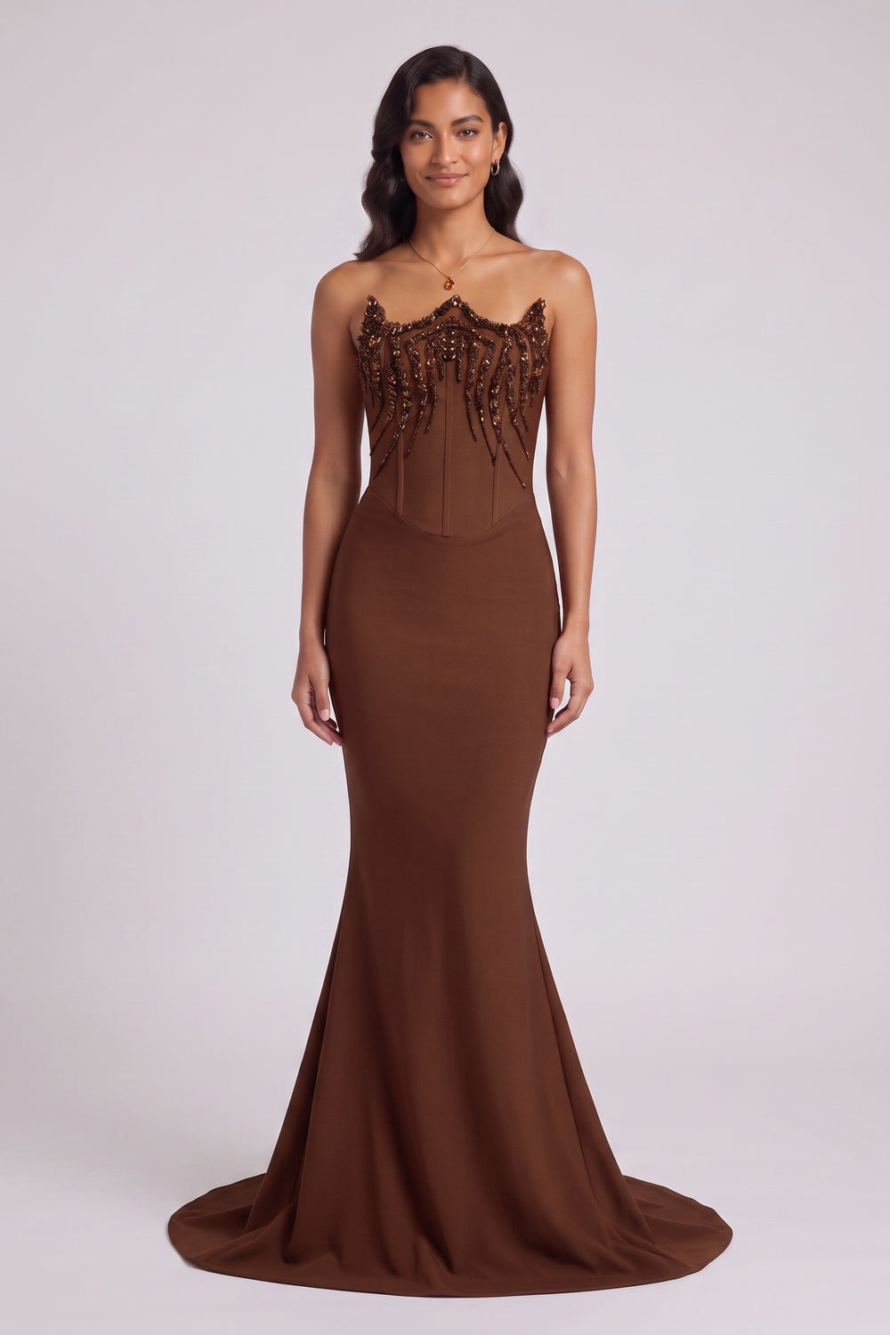 c868470965b8562a BROWN STRAPLESS BEADED MERMAID EVENING GOWN