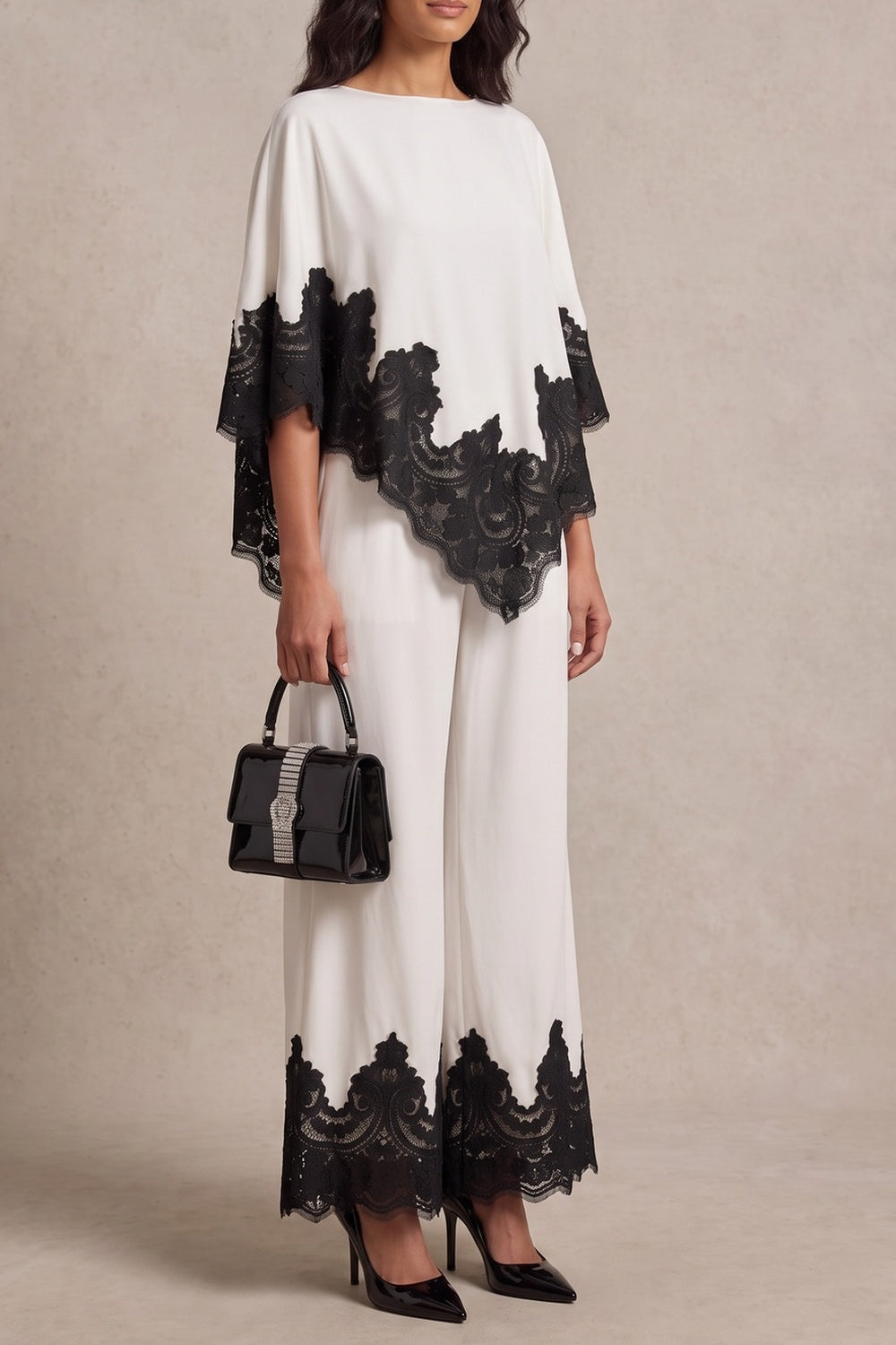 c87d8144c83f256e BLACK LACE TRIM FLARE SLEEVE TOP WIDE LEG PANTS CO-ORD
