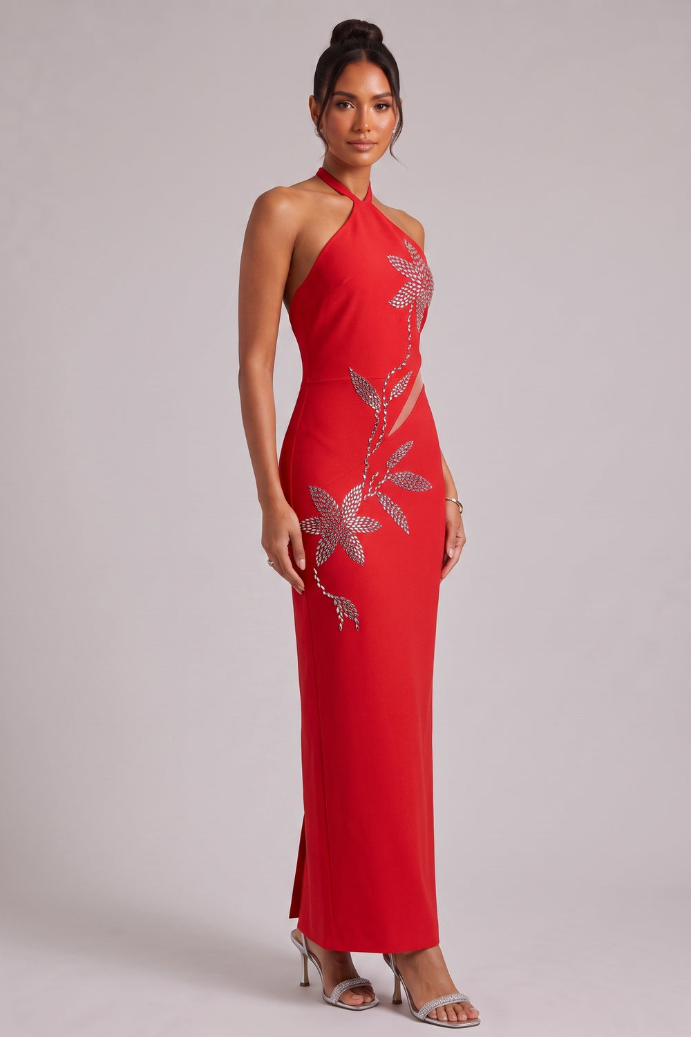 RED HALTER GOWN, SILVER FLORAL EMBELLISHMENTS, FORMAL EVENING