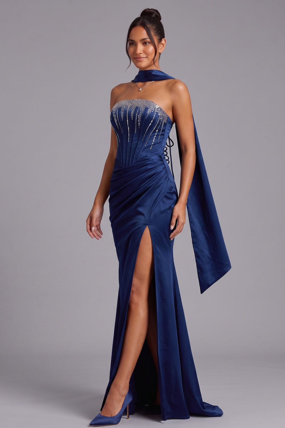 c8dfd172cb404482 DEEP BLUE STRAPLESS RHINESTONE CAPE EVENING GOWN
