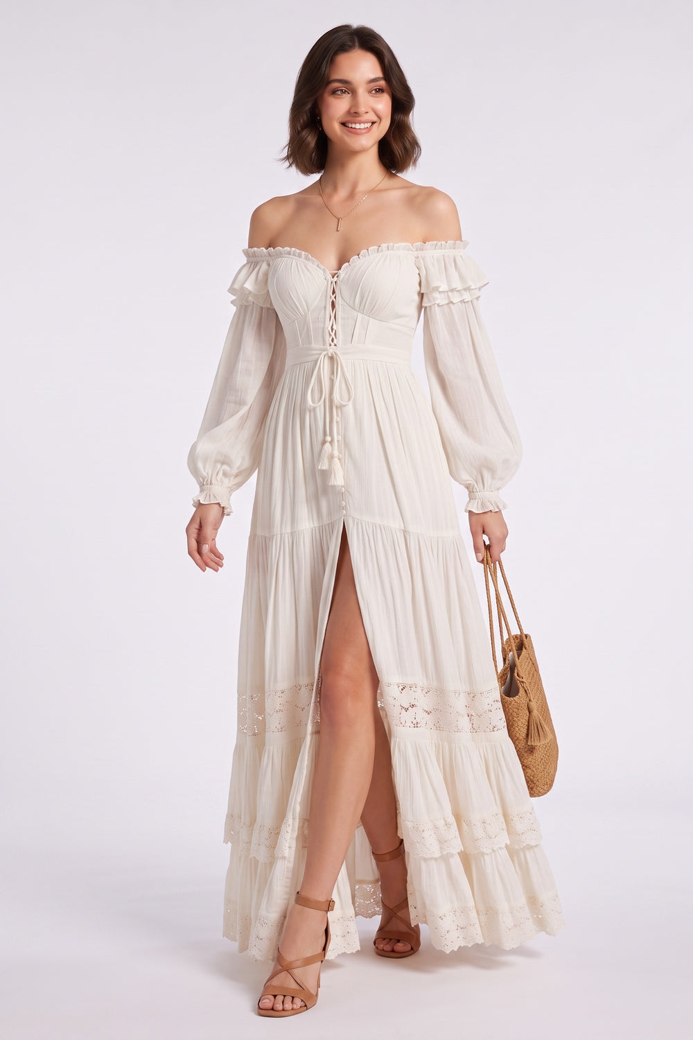 c92af2c77e6ae3d3 CREAM OFF-SHOULDER TIERED LACE MAXI DRESS