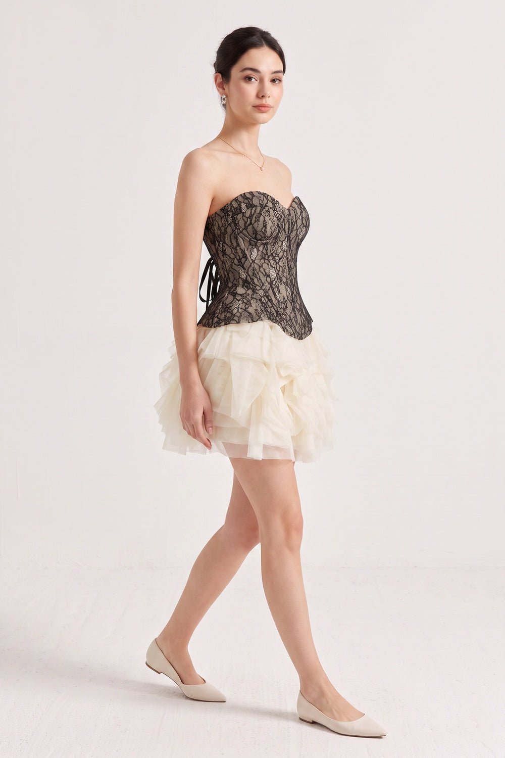 c9ad8ebf541ca4ee STRAPLESS LACE CORSET RUFFLE TULLE MINI DRESS