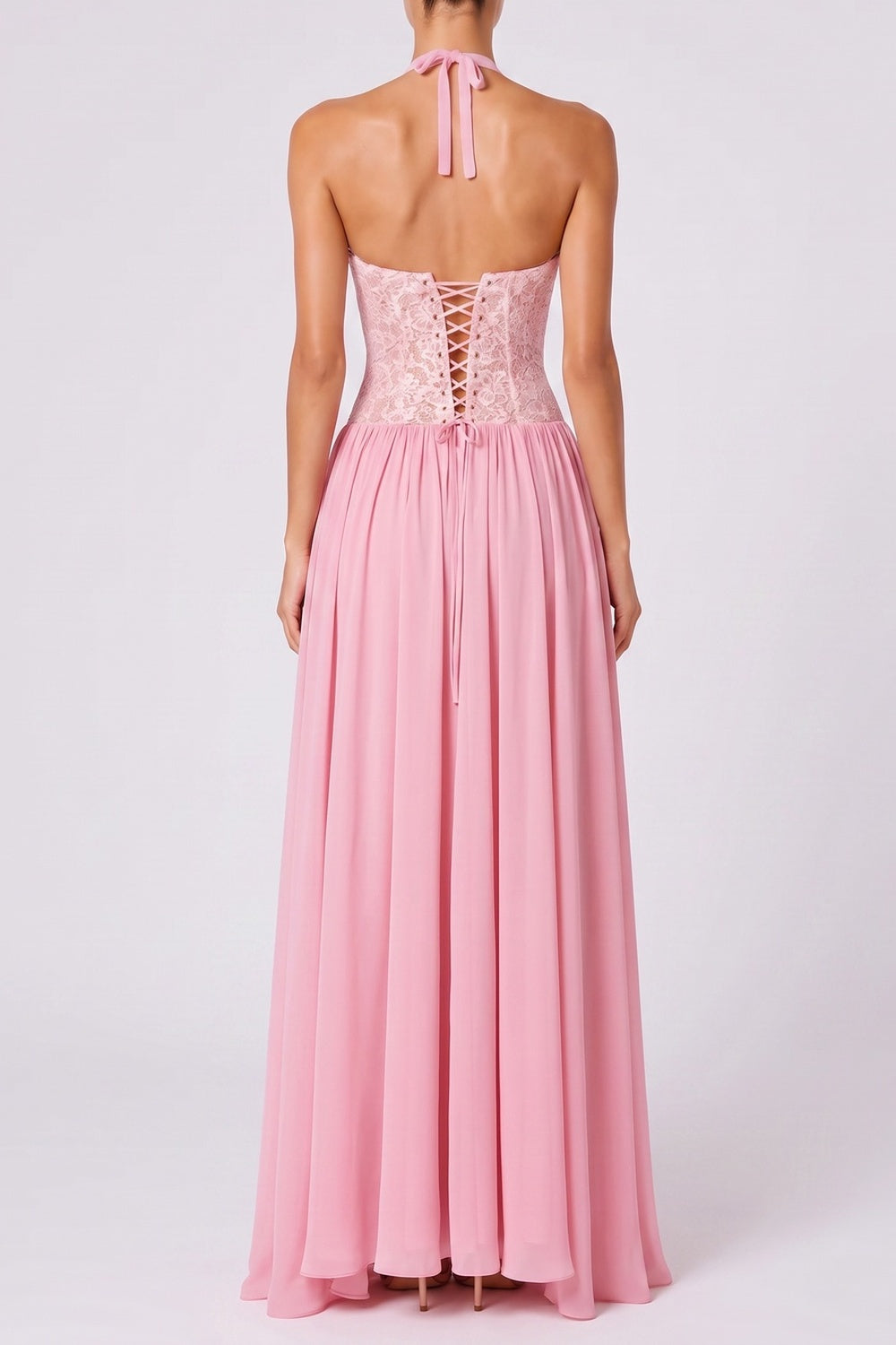HALTER TWIST BUST LACE CORSET CHIFFON MAXI DRESS