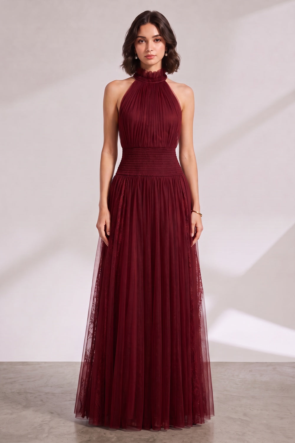 BURGUNDY HALTER PLEATED MAXI DRESS FOR WEDDING GUEST