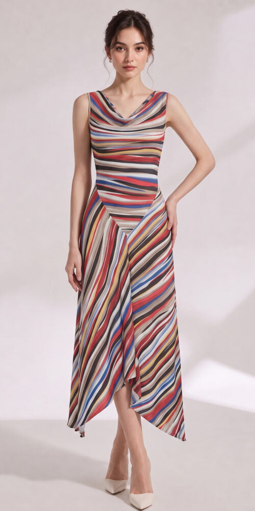 c9f1999bec918d1d MULTICOLOR STRIPED COWL NECK KNIT DRESS