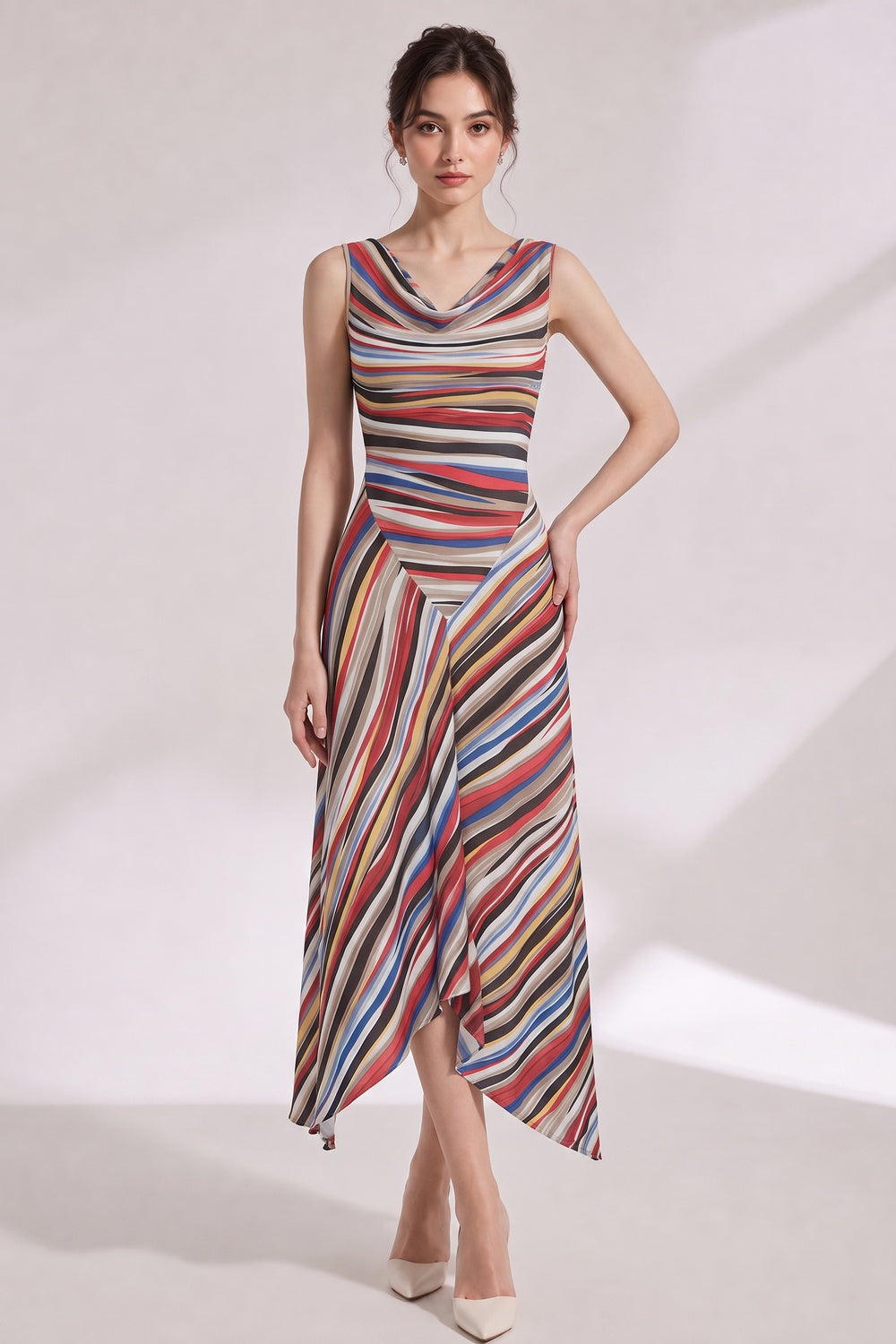 c9f1999bec918d1d MULTICOLOR STRIPED COWL NECK KNIT DRESS