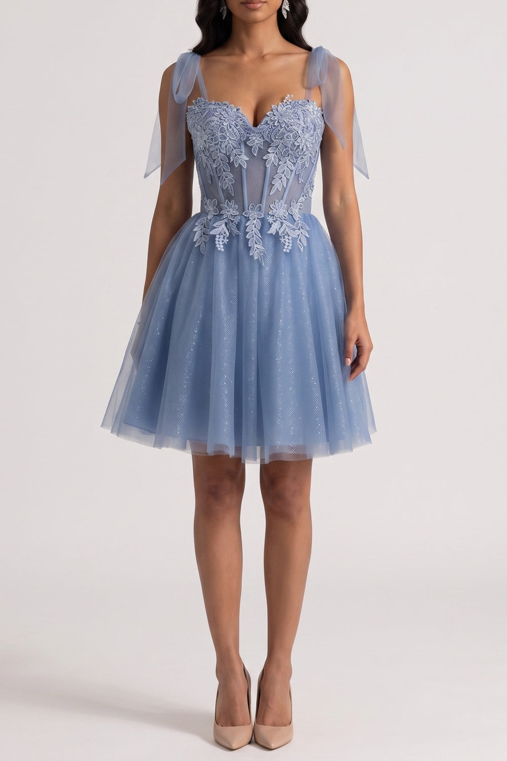 TULLE BOW STRAP LACE CORSET MINI DRESS