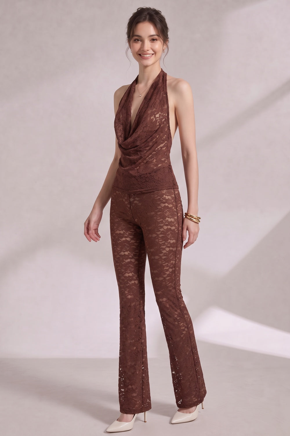 ca0cfd42b97fbe4c CHOCOLATE BROWN LACE HALTER COWL NECK TOP & FLARED PANTS SET
