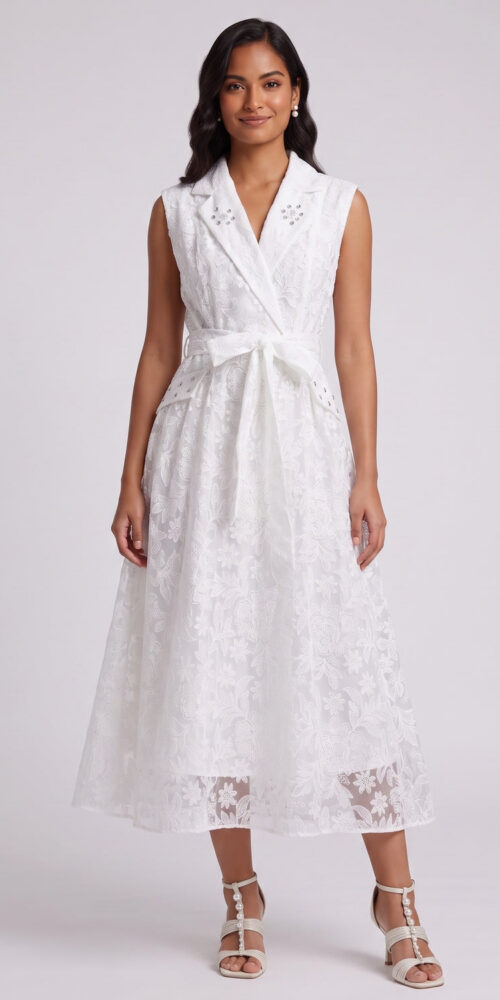 WHITE FLORAL LACE A-LINE MIDI DRESS FOR WEDDING GUEST