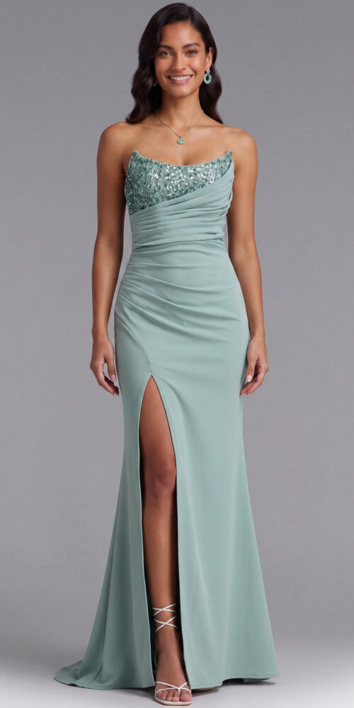 MINT GREEN ONE-SHOULDER SEQUIN COCKTAIL GOWN
