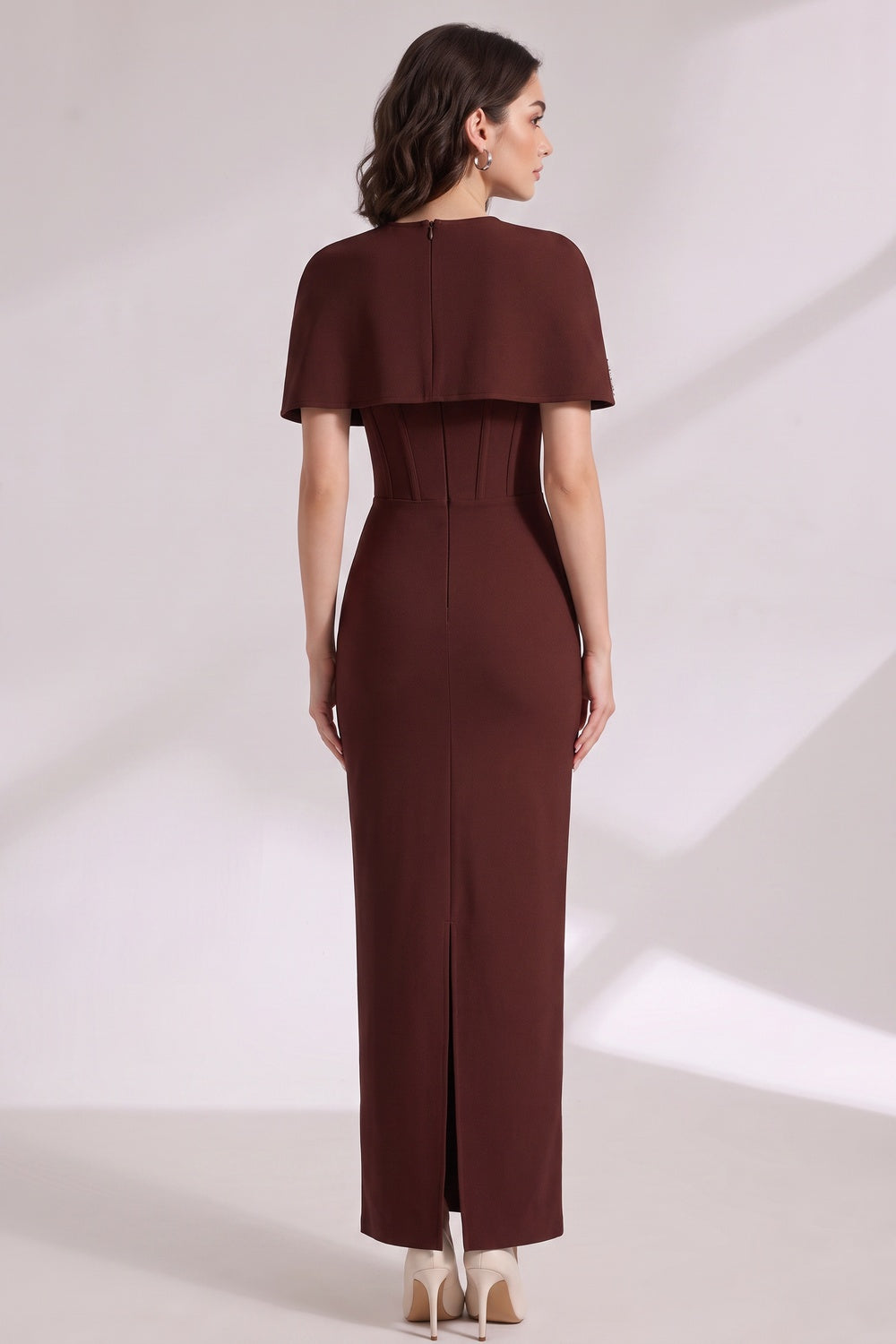 ca35f07503939b6d DARK BROWN CREPE COLUMN DRESS CAPELET OVERLAY