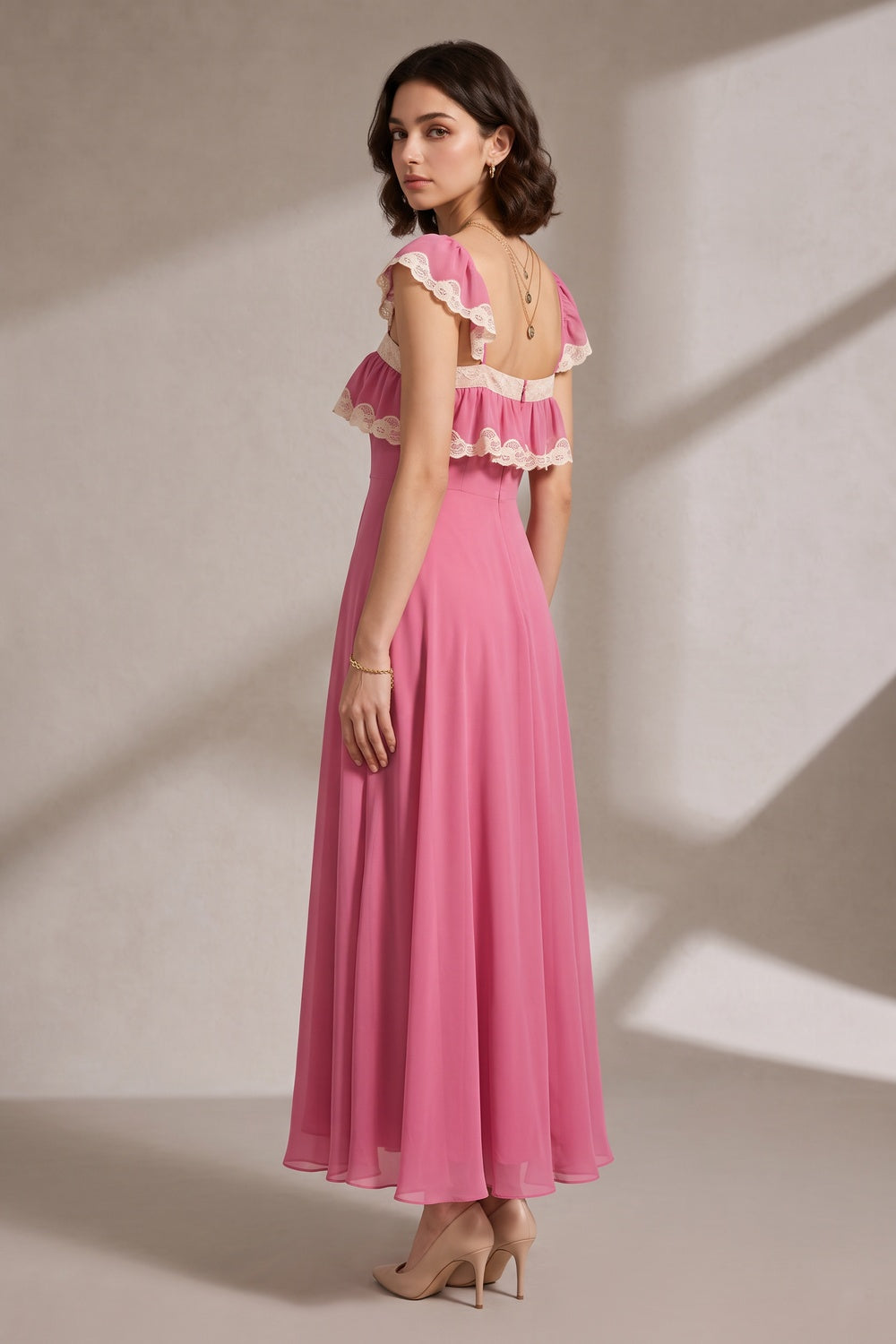 ca50fe9de65b4b2e PINK LACE RUFFLE MAXI DRESS FOR WEDDING GUEST