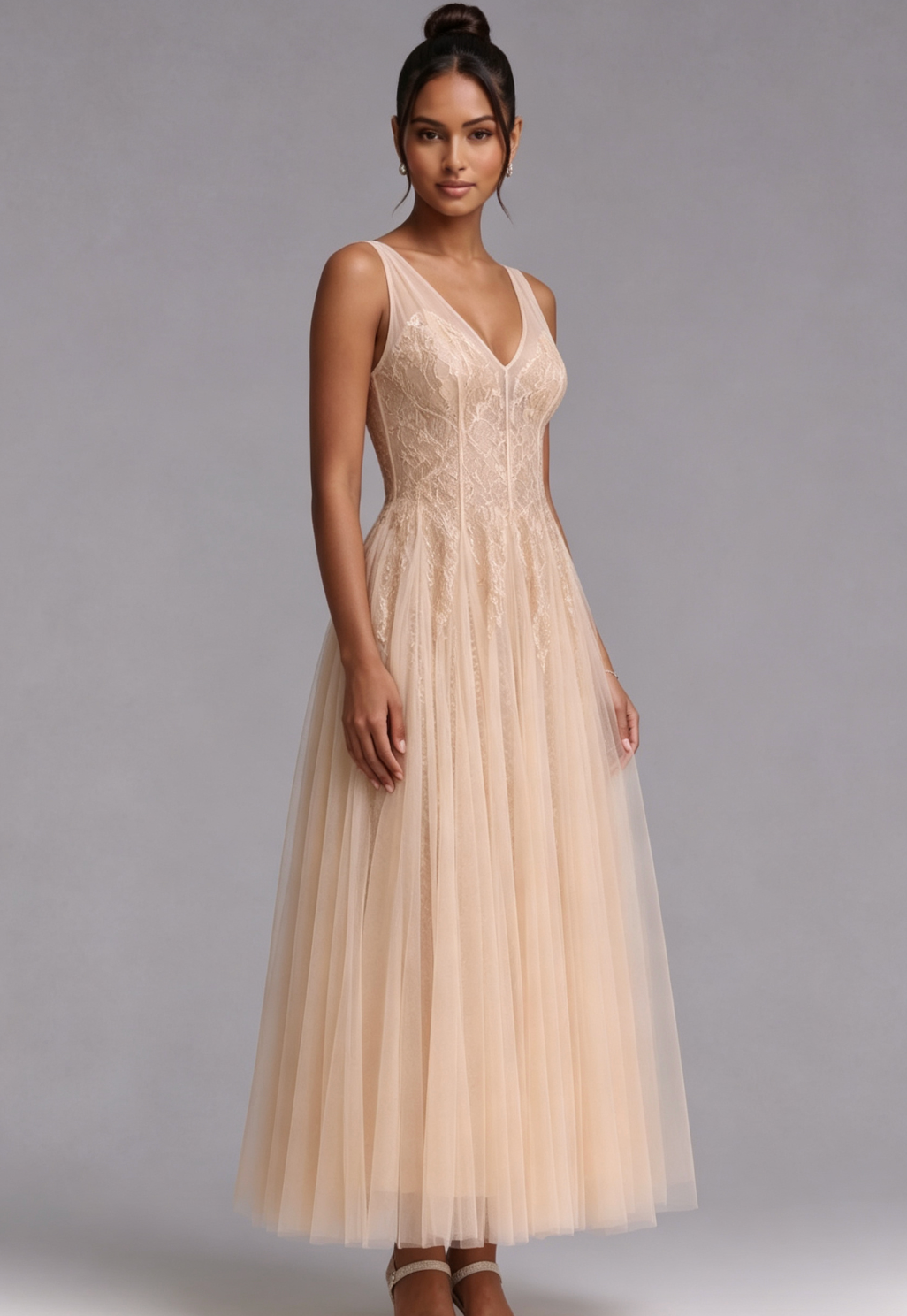 CHAMPAGNE LACE V-NECK COCKTAIL DRESS