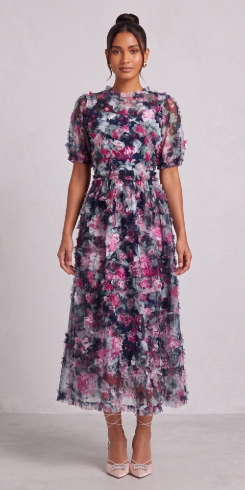 NAVY FLORAL SHEER ORGANZA A-LINE MIDI DRESS 3D RUFFLE