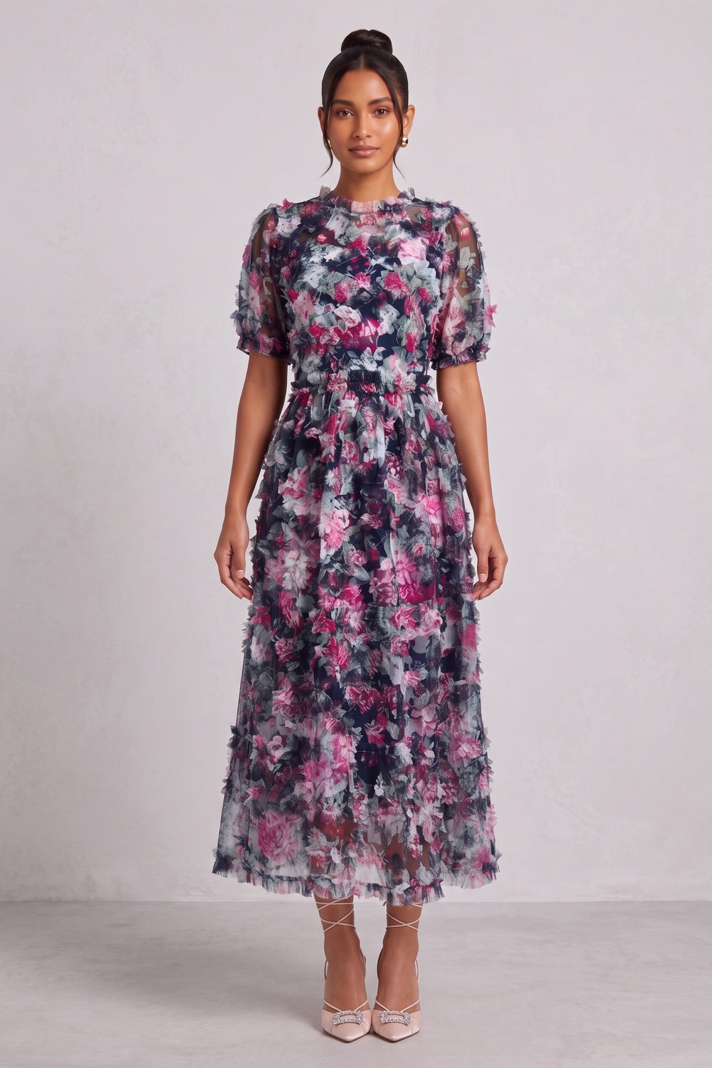 NAVY FLORAL SHEER ORGANZA A-LINE MIDI DRESS 3D RUFFLE