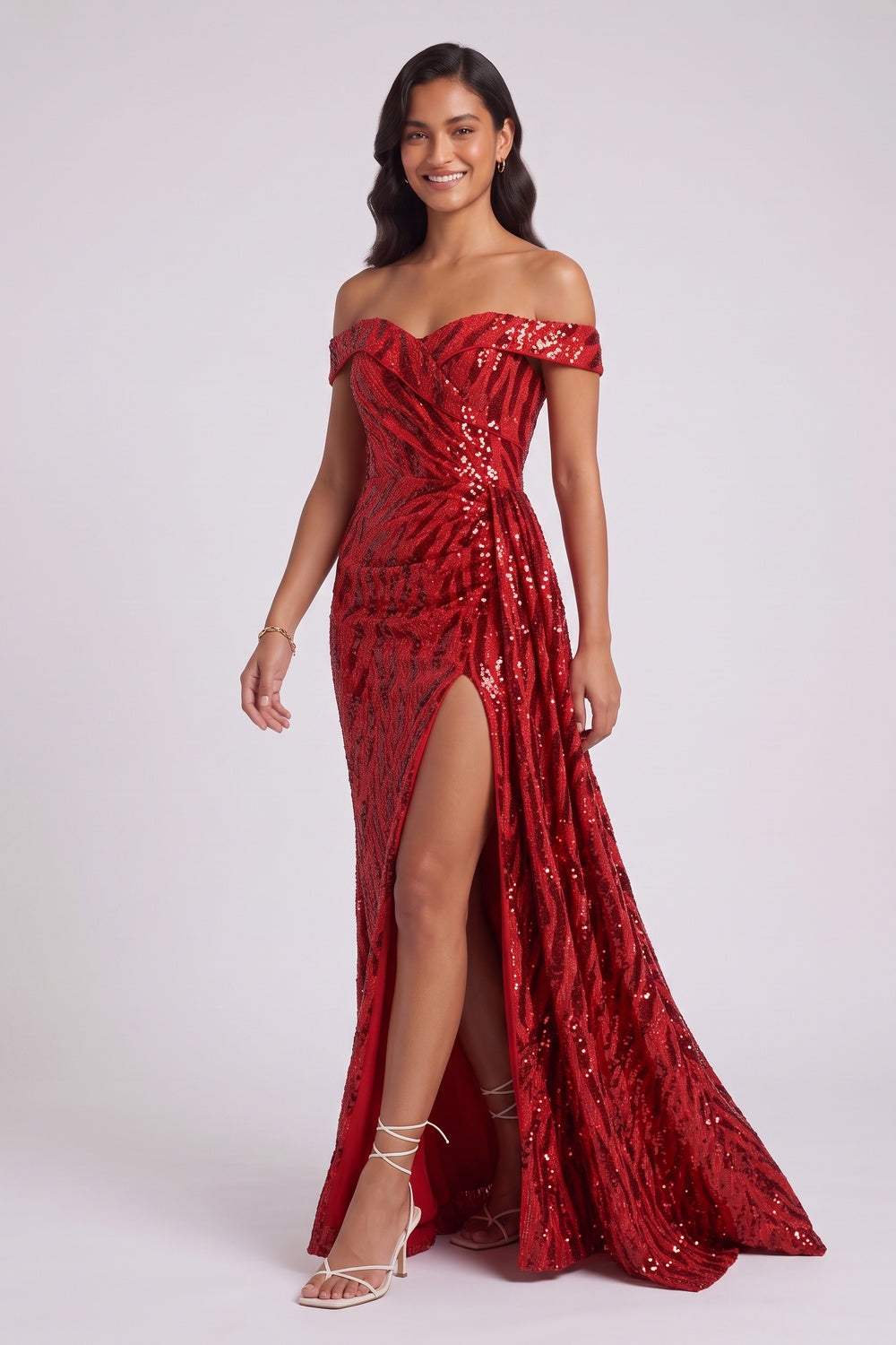cb0bac7eda53e6ee RED SEQUIN OFF-SHOULDER MERMAID EVENING GOWN