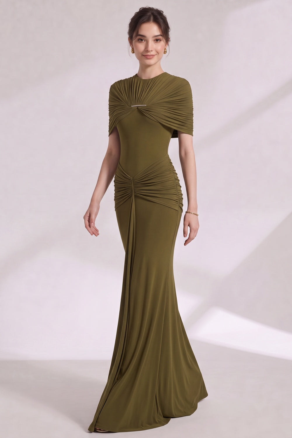 cb4dc00743f09c63 OLIVE GREEN RUCHED COLUMN GOWN STRETCH JERSEY